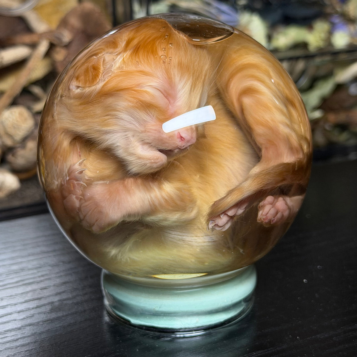 orange tabby kitten globe wet specimen