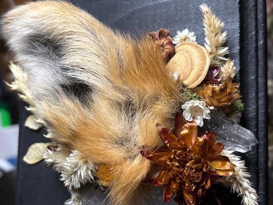 mummified red fox ear floral wooden plaque